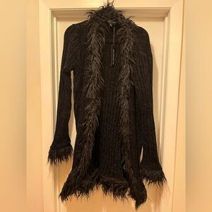 Doll’s Kill Current Mood Furry Foe Black Faux Fur Trim Long Cardigan XS/S